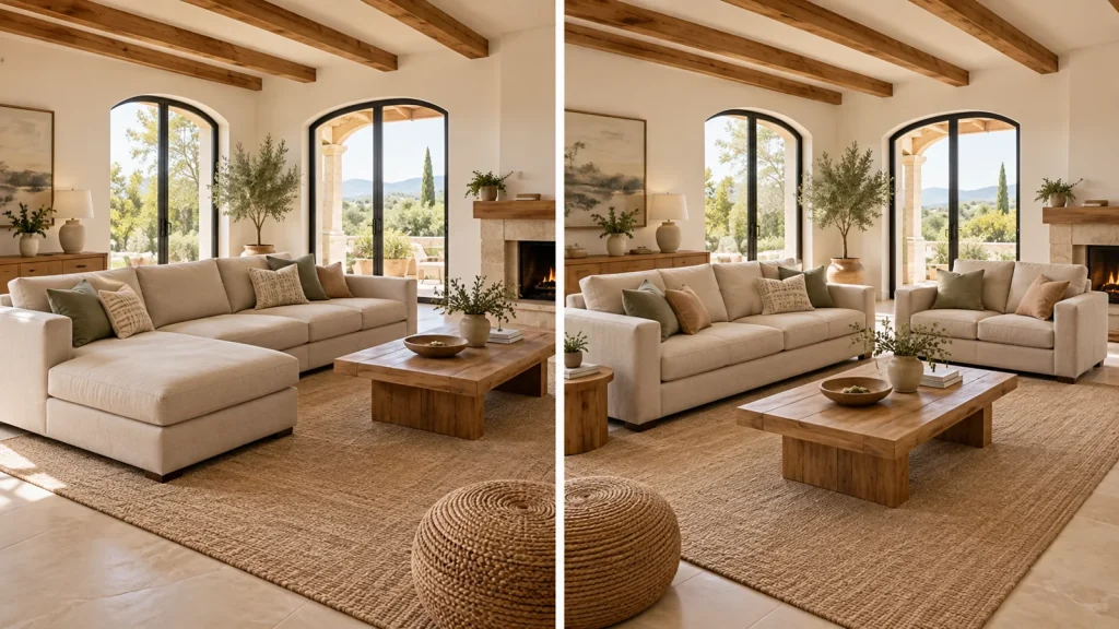 Comparativa visual de un salón con chaise longue y otro con sofás de tres y dos plazas